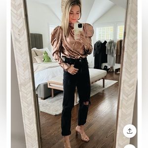 Women's Puff Shoulder Long Sleeve Mock Neck Blouse - Future Collective